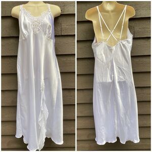 Vtg Sz L White Bridal Satin Lingerie Maxi Slip Dress Lace Beaded Embroidered NWT